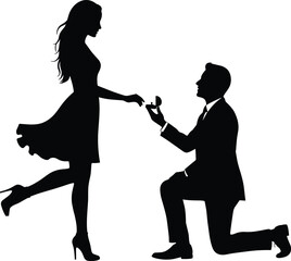 Romantic marriage proposal silhouette, man on knee proposing with engagement ring, woman surprised, love moment illustration, couple romance vector, wedding concept, black and white clipart.
