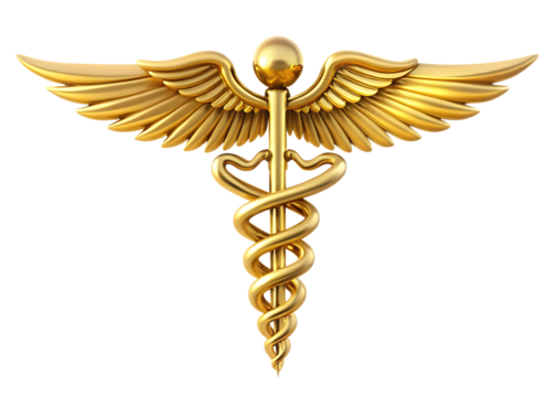 Golden Caduceus Medical Symbol with Wings 3 D Render A I G E N E R A T E D - P N G isolated on a transparent background 1
