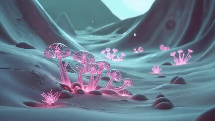 Gliding camera toward pink mushrooms in cave revealing cap details, pulsing glow and rising bubbles - Powered by Adobe