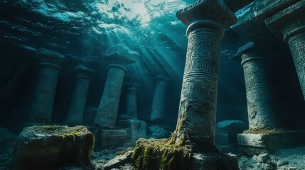 Submerged ancient ruins underwater scene