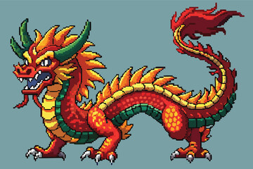 Naklejka premium Pixel Art Chinese Dragon – Oriental Dragon in 8-bit 16-bit 32-bit Retro Style