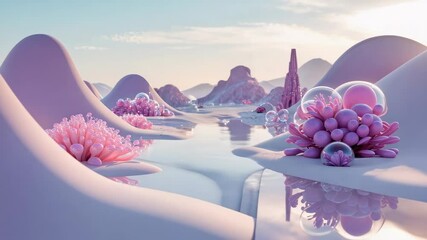 Opening view starting camera zooming into right coral cluster on hill revealing bubbles, copy space - Powered by Adobe