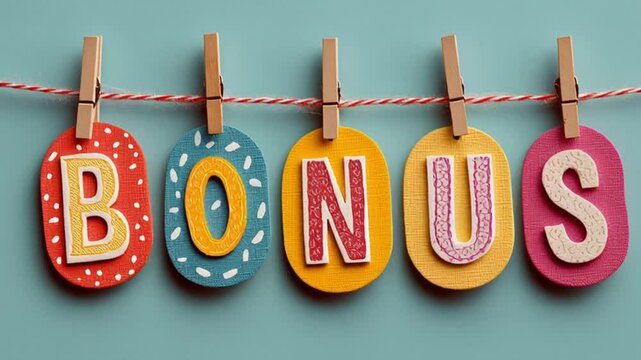 A row of bright labels spells out "Bonus," each letter on a separate tag, evoking excitement and marketing appeal.
