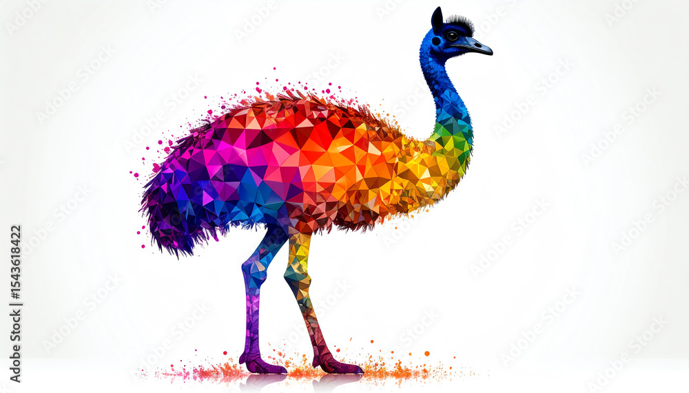 Poster a vibrant, geometric representation of an emu featuring a spectrum of colors and sharp, triangular s