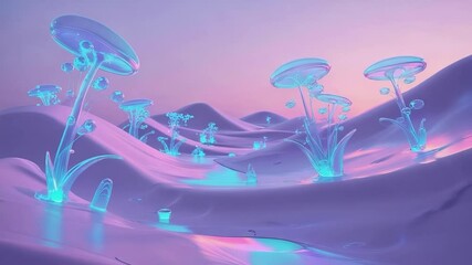 Displaying glowing cyan-blue mushroom towers on pastel dunes under dawn sky forming alien desert - Powered by Adobe