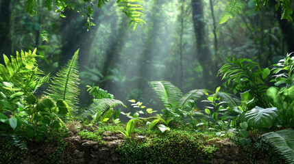 Fototapeta premium Lush green foliage in vibrant forest with sunlight filtering through trees creates serene atmosphere