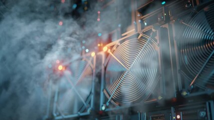 Smoke and spinning fans emerge from a server rack, emphasizing the intense heat management challenges in modern data centers.
 - Powered by Adobe