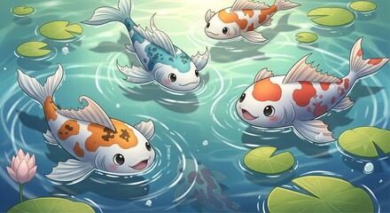 Fototapeta premium Cute Cartoon Koi Fish Swimming in Decorative Pond 