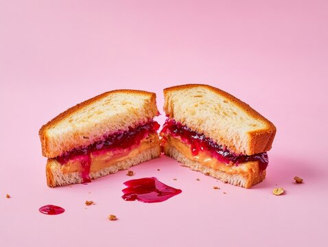 A classic peanut butter and jelly sandwich, cut in half, with vibrant red jelly oozing out, sharp focus on textures --ar 4:3 --v 6.1 Job ID: 9fc46595-a0e5-4ea3-93d4-28c4f1c301ac - Powered by Adobe
