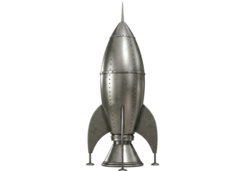 Isolated Vintage Silver Rocket Spacecraft with Details