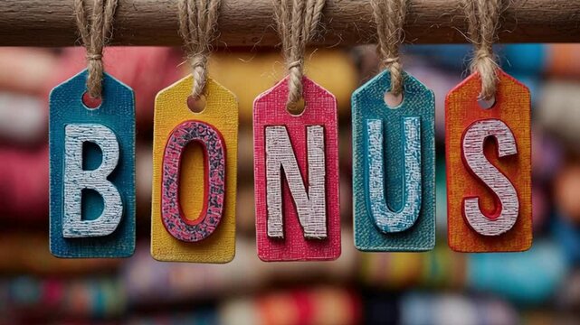 A row of bright labels spells out "Bonus," each letter on a separate tag, evoking excitement and marketing appeal.
