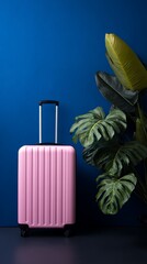 Pink suitcase by plant