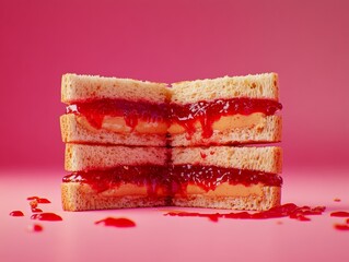 A classic peanut butter and jelly sandwich, cut in half, with vibrant red jelly oozing out, sharp focus on textures