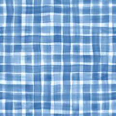 Watercolor stripe gingham seamless pattern. Navy teal blue color striped background