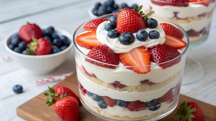 Delicious berry trifle dessert in a glass bowl on wood surface