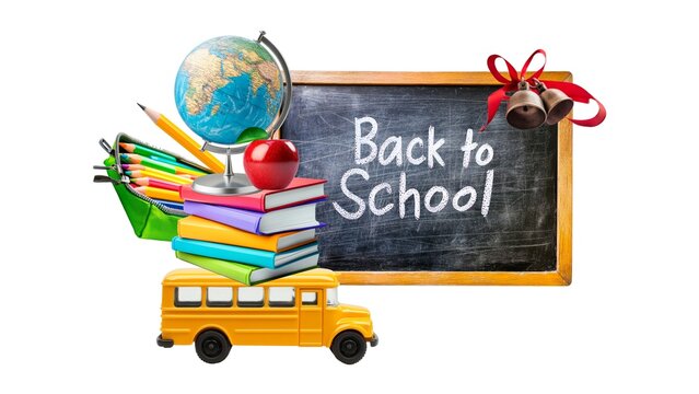 Back to school essentials: chalkboard, books, globe, and school bus isolated on white