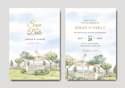 Wedding invitation of nature landscape with wedding gazebo watercolor