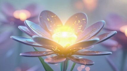 Emitting golden glow bud unfolding metallic petals and releasing light particles in botanical macro - Powered by Adobe