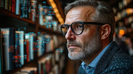 Focused man in library with holographic data