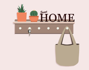 Cartoon illustration of a key holder home decoration with text “Sweet Home” and hanging elements. Ideal for interior design, home accessories, or lifestyle visuals