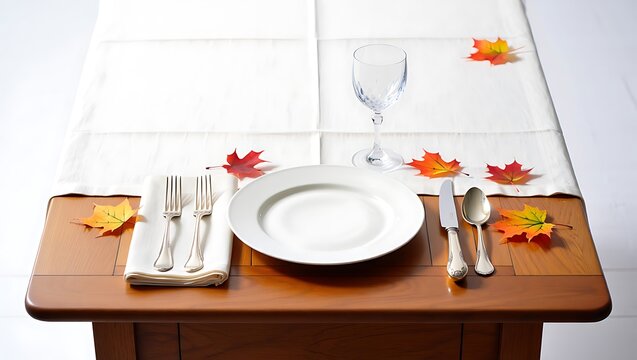 Autumn themed table setting with white plate silverware and glass on a wooden table surface