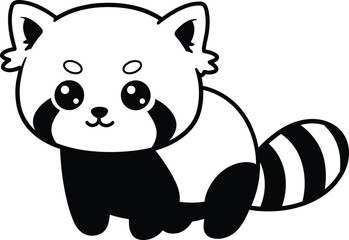 Cute black and white cartoon red panda illustration, adorable animal drawing for kids, vector character design, kawaii face style, simple outlines, isolated on white background.