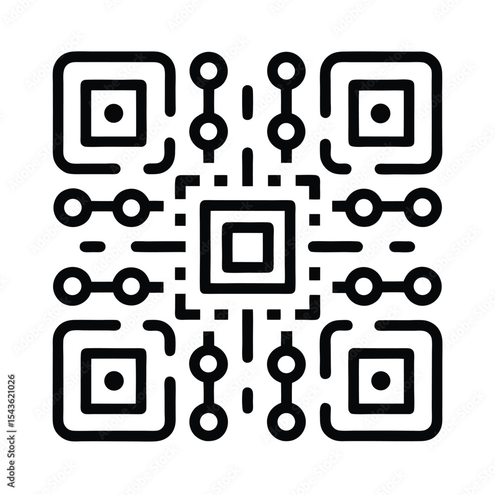 Poster Digital black and white line art qr code vector graphic for scanning and online information access