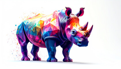 A vibrant, geometric rhinoceros illustration showcasing a colorful, artistic design with sharp angles and playful hues against a white background