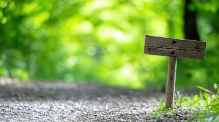 Rustic wooden signpost stands along gravel path in vibrant green forest, inviting exploration and adventure