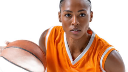 Focused Female Basketball Player: A determined female basketball player, intensely focused, dribbles the ball, her gaze locked on her goal.