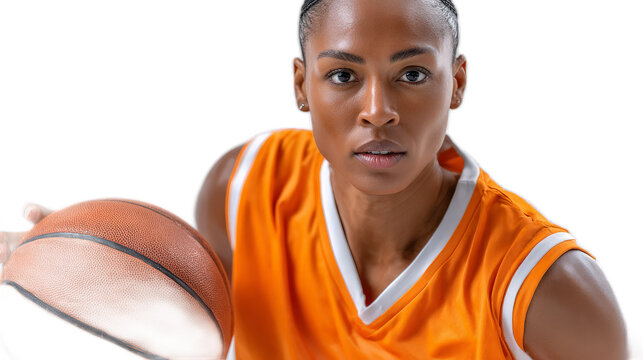 Focused Female Basketball Player: A determined female basketball player, intensely focused, dribbles the ball, her gaze locked on her goal. - Powered by Adobe