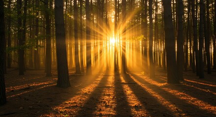 Fototapeta premium A golden light shines through the trees in the forest