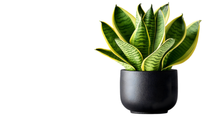 Elegant snake plant in a black pot against a stark transparent background scene