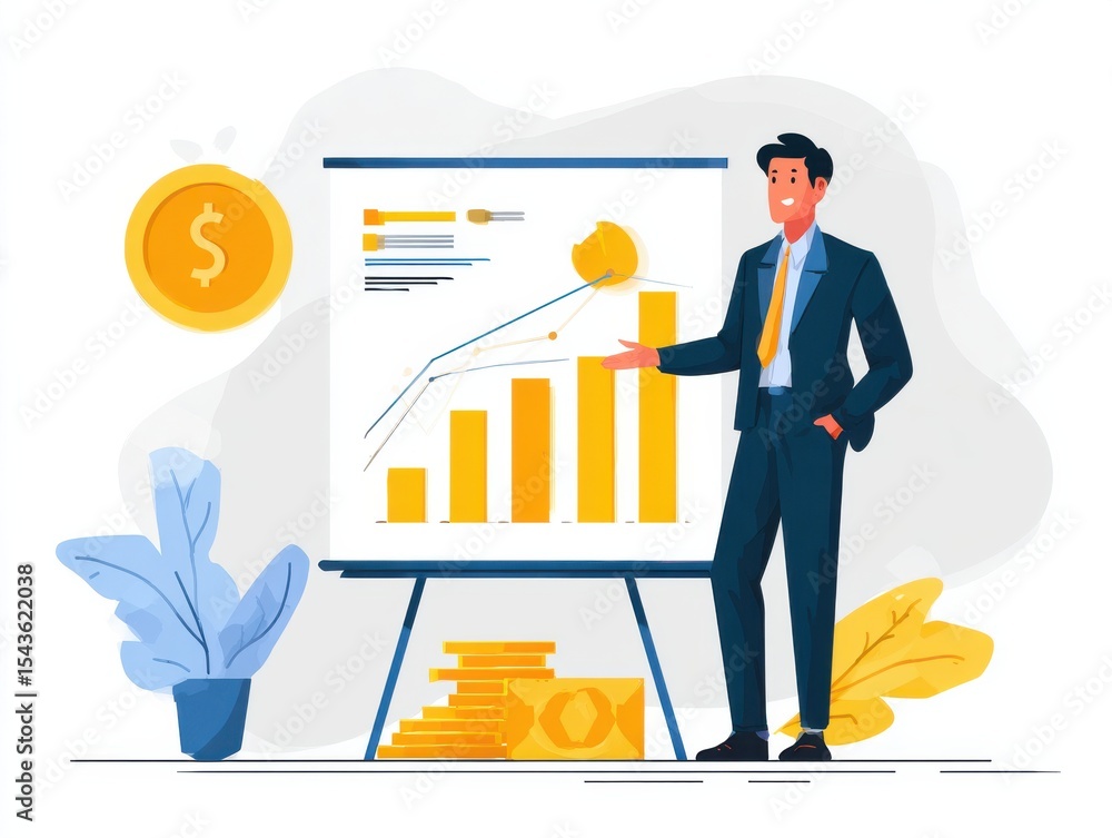 Poster a man in a suit is standing in front of a white board with a graph on it. he is pointing to the grap