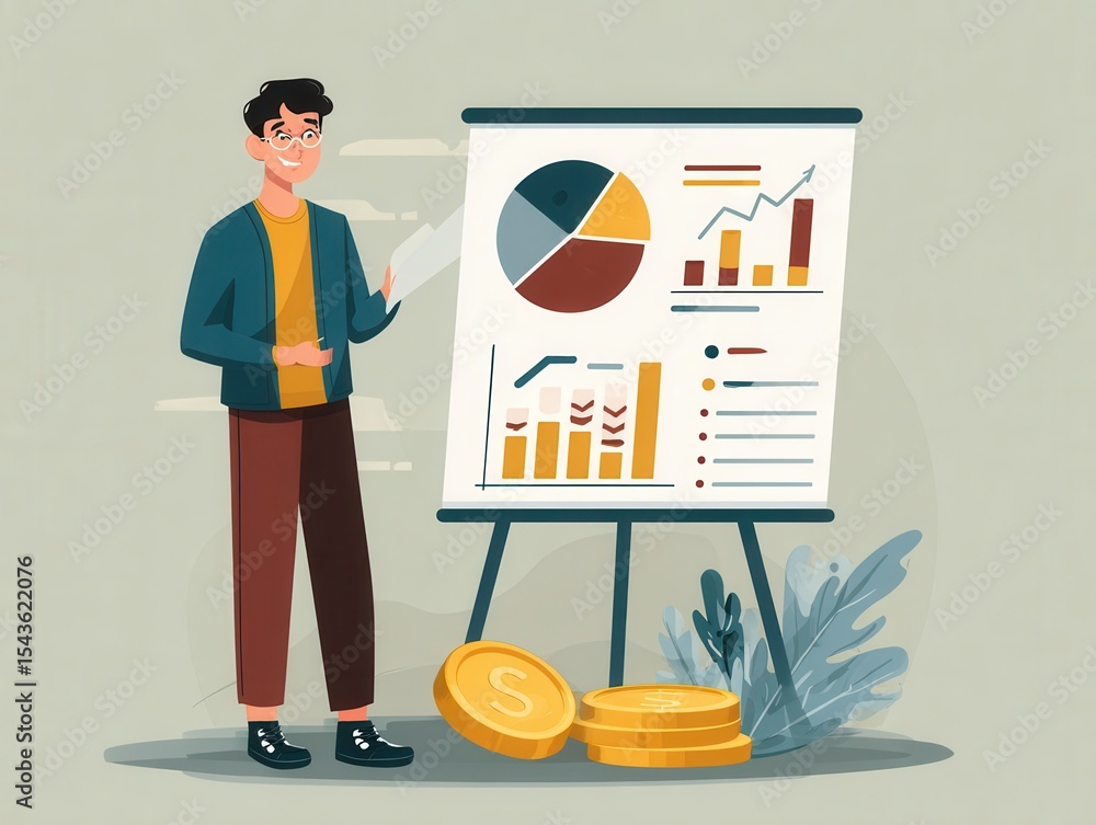 Poster a man stands in front of a white board with a pie chart on it. he is smiling and he is presenting th