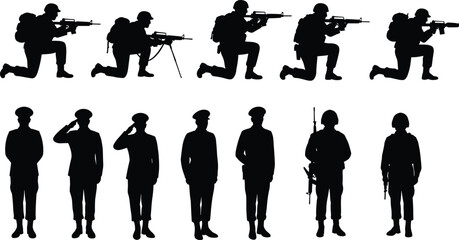 Silhouettes of military soldiers with rifles, army men saluting, combat pose figures, armed forces personnel in uniform, tactical training, black vector illustration for defense concept