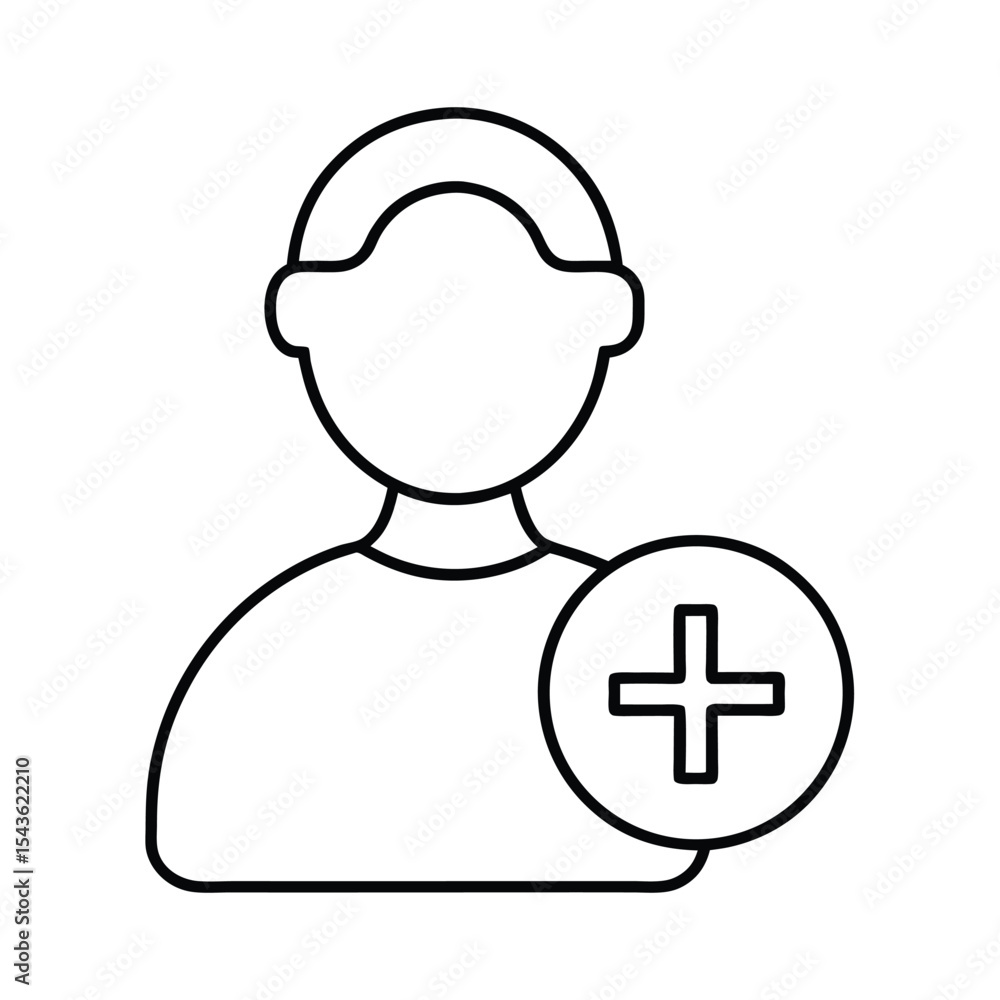 Poster icon illustrating adding a user symbol featuring a plus sign inside a circle simple line art