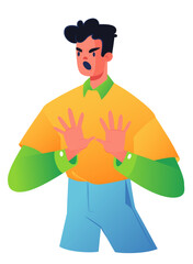 A very indignant man moves away with both hands from the object that causes him to feel negative and make a NO gesture. The concept of expressing emotions, defending personal boundaries, body language