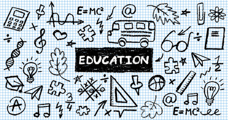 Charcoal school doodles on notebook sheet in a cage. Fun handdrawn icons for back to school themes. Cute childish education pastel or black wax pencil signs. Grunge vector classroom symbols