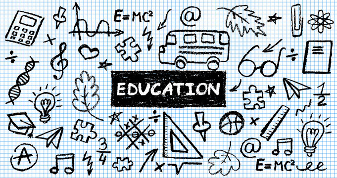 Charcoal school doodles on notebook sheet in a cage. Fun handdrawn icons for back to school themes. Cute childish education pastel or black wax pencil signs. Grunge vector classroom symbols