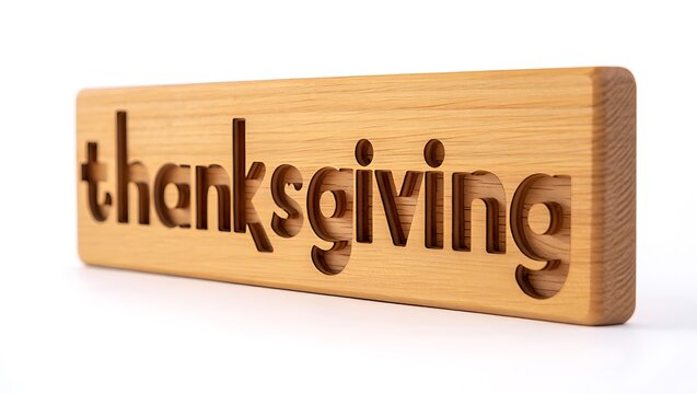 Wooden thanksgiving sign with carved letters on a white background close up studio shot holiday decor