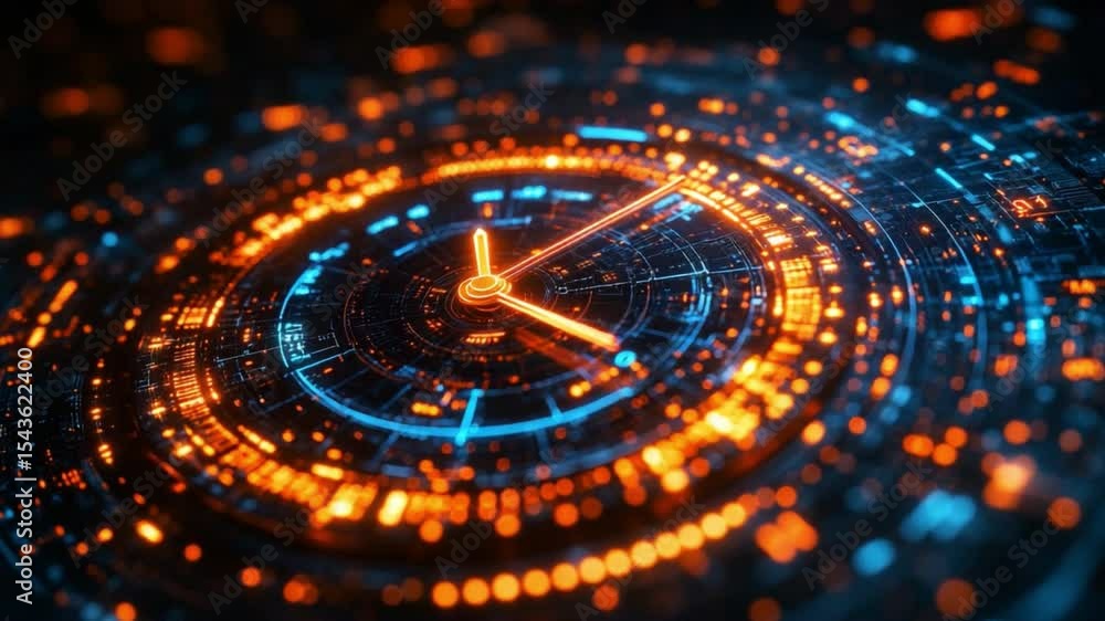 Poster time's digital tapestry: a luminous clock face illuminates the abstract concept of time and technolo