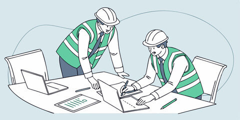 Engineers and office staff reviewing an architectural floor plan during a project meeting at a construction site office with laptops and documents.