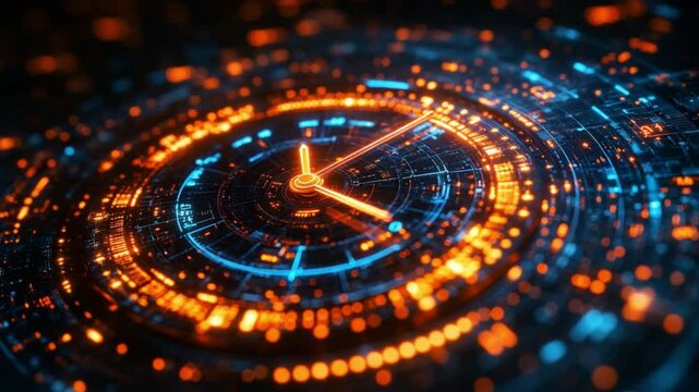 Time's Digital Tapestry: A luminous clock face illuminates the abstract concept of time and technology