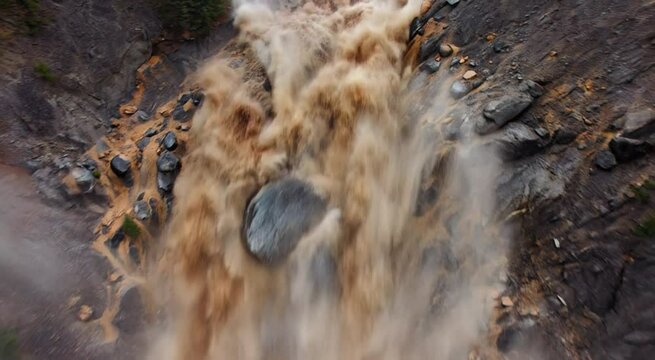 Powerful mudslide rushing down rocky mountain slope with brown debris and water