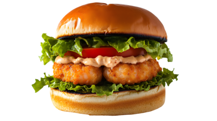 A delicious shrimp burger with lettuce tomato and sauce on a bun on transparent background png