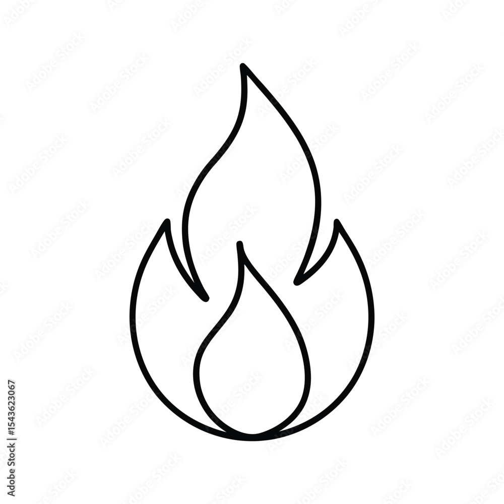 Poster minimalist line art representation of a flame in simple black outline for graphic design concepts