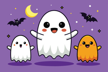 Obraz premium A cheerful, kawaii-style ghost floats in a night sky filled with stars and orange-yellow Halloween-themed decorations, like bats.