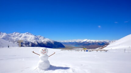 Snowy snowman on a mountain peak