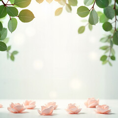 Soft botanical wreath of eucalyptus and pale pink roses in white tones for invitations and peaceful celebration themes [with copy space]